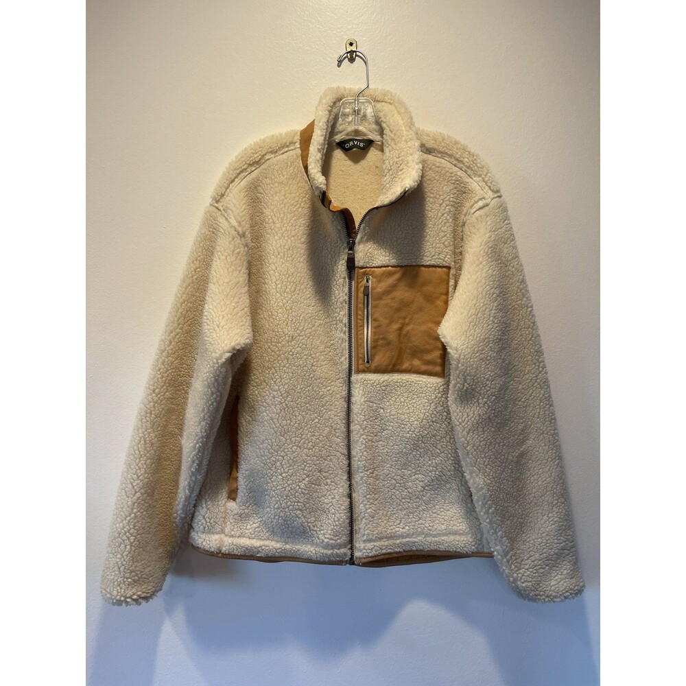 Orvis Jacket Men's Large Beige Stowe Sherpa Deep Pile Fleece Leather Trim Thick